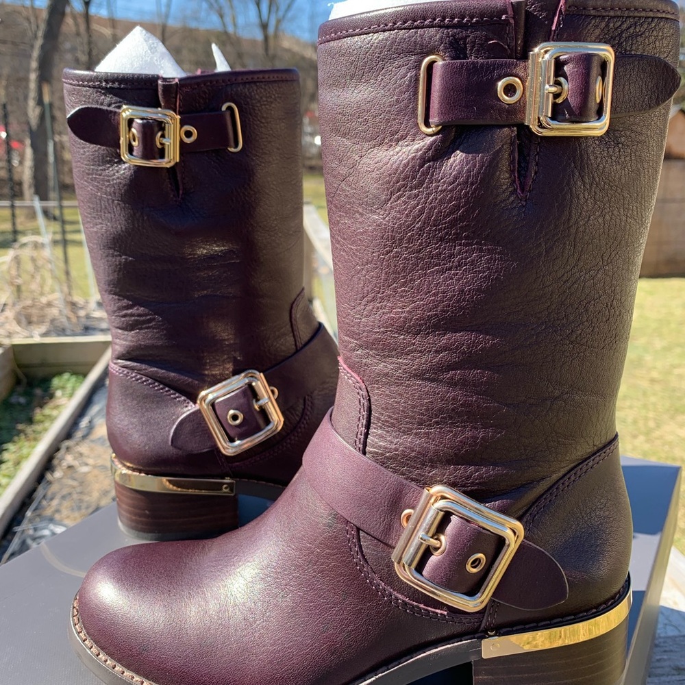 VINCE CAMUTO WINDY MID CALF MOTO BOOTS Leather